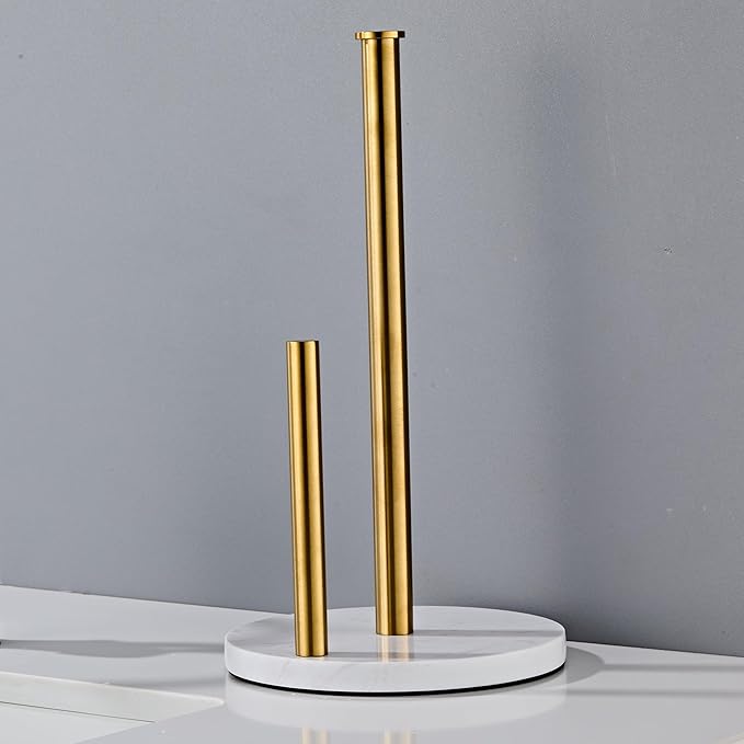 Brushed Gold Paper Towel Holder,Stainless Steel Paper Towel Holder for Kitchen Roll Organize, Standard or Jumbo-Sized Roll Paper, Countertop Roll Dispenser with Marble Base