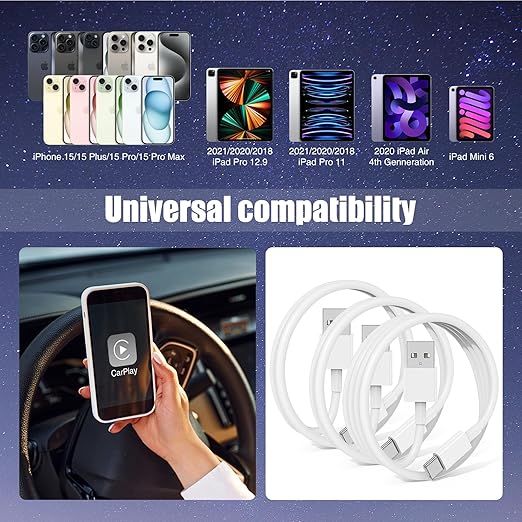 Car Carplay Cable for iPhone 16 15 Pro Plus Pro Max，3-Pack [3.3FT+3.3FT+6FT] USB A to USB C Cable for iPhone 16 15，for iPad Pro/Air/Mini，for Samsung Galaxy S24/S23/S22，for MacBook Pro/Air and More