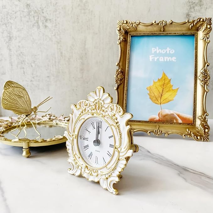Decorative Mini Table Clock, Vintage Metal Silent Analog Quartz Battery Operated Table Top Clock for Living Room Decor Shelf