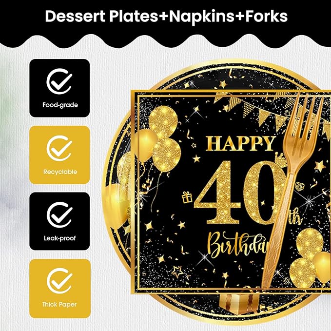 40th 7 inch Birthday Party Paper Plates and Napkins Forks 60 pcs Black Gold Decorations for Boys Girls Tableware Set for Birthday Anniversary Party Supplies,Serve 20