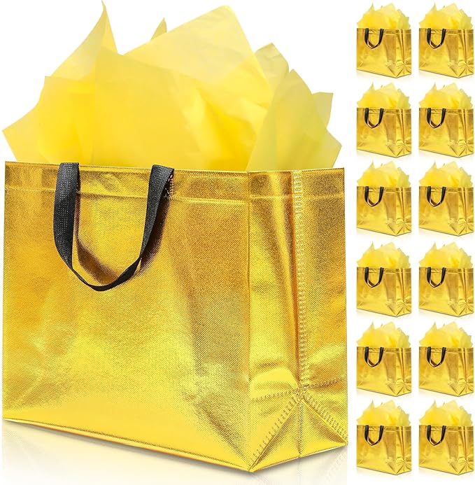 KeerxunBag 12Pcs Reusable Gift Bags（Includes Tissue Paper） Gift bag with handle Birthdays Parties Holidays Weddings Medium 13x5x11in Golden Yellow Gift Bags