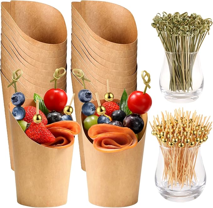 100 Pcs 12 oz Charcuterie Cups with Bamboo Skewers, Disposable Paper Appetizer Snack Holder Brown with Cocktail Picks (100 Cups + 200 Skewers)
