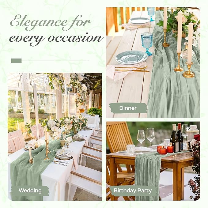 Cheesecloth Table Runner 3 Pack – 35x120 Inch (10ft) Boho Rustic Gauze Cloth Runners – Crinkle Polyester Table Decor for Wedding, Baby Shower, Bridal Shower, Birthday Party and More (Sage Green)