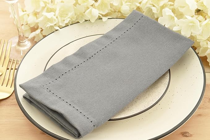 PurpleEssences Set of 6 Hemstitch Cloth Dinner Napkins 100% Cotton - Soft Durable Washable - Ideal for Wedding Christmas Holiday Winter - Perfect Everyday Use Table Linen 18x18 - Ash Grey