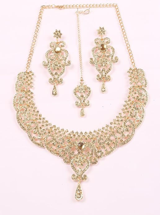 Touchstone Indian jewelry set for women bollywood gold jewellery wedding outfits necklace sets earrings bridal maang tikka fancy costume girls big desi accessories rhinestone in gold or silver tone