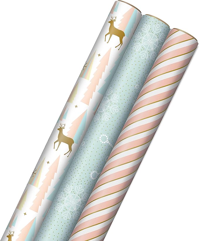 Hallmark Pink Christmas Wrapping Paper with Cut Lines on Reverse (3 Rolls: 120 sq. ft. ttl) Pink, Mint, Gold, Reindeer, Christmas Trees, Snowflakes