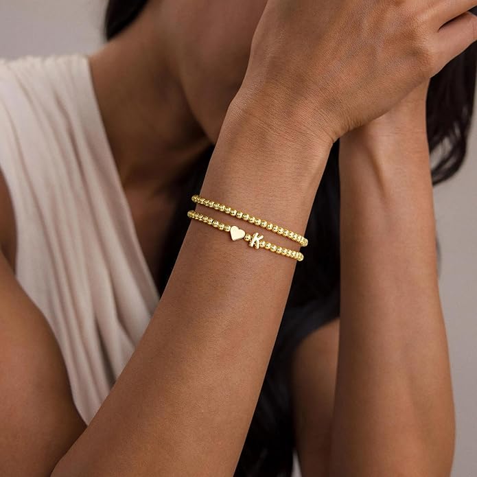 Ursteel Valentines Day Gifts for Her Women - Dainty 14K Gold Plated Beaded Bracelets for Women Trendy Letter A-Z Heart Jewelry Personalized Gifts