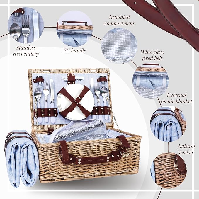 Picnic Baskets Wicker Willow Picnic Set for 4 Persons with Insulated Cooler Bag and Waterproof Picnic Blanket