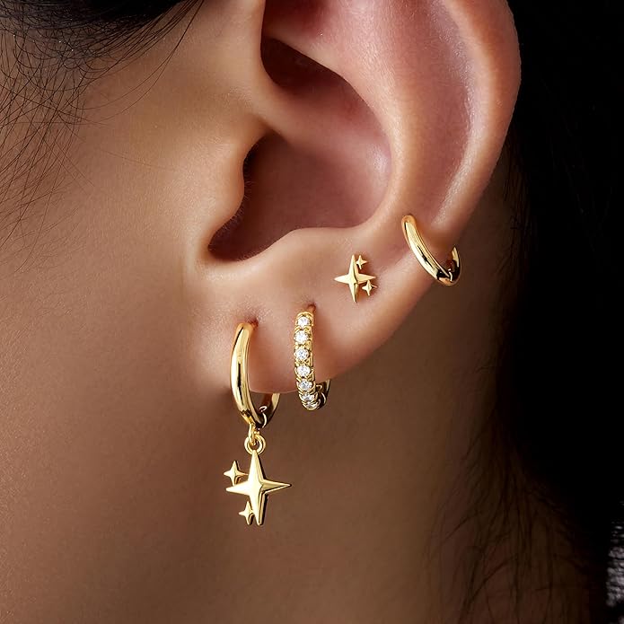Small Gold Huggie Hoop Earrings Set for Women Men Hypoallergenic 14K Plated Stack Cartilage Earrings, Multiple Piercing Lightweight Mini Thin Cute Dainty Trendy Jewelry Set Christmas Gifts for Women