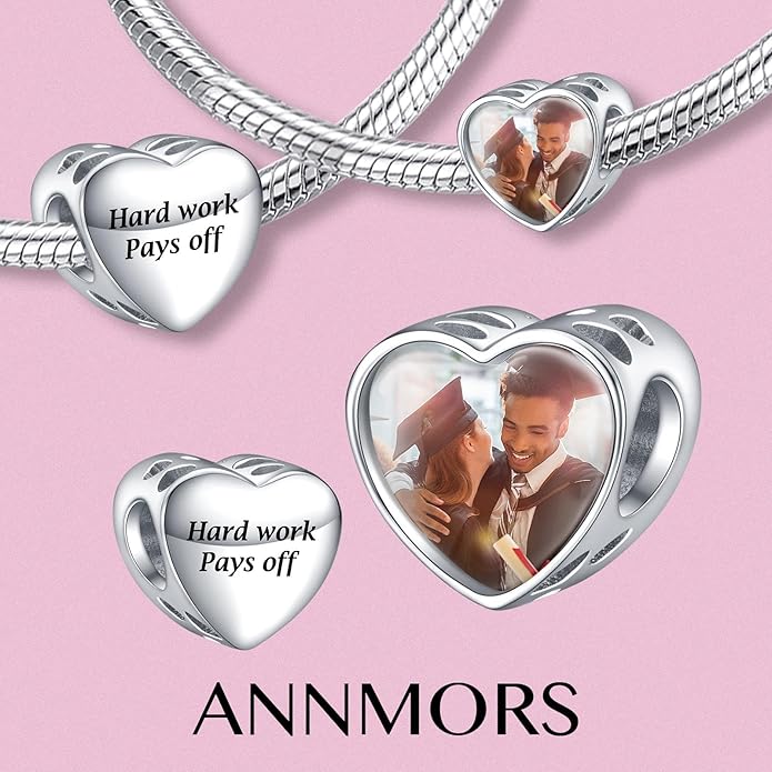 Annmors Personalized Photo Charms For Bracelets/Necklace 925 Sterling Silver Love Heart Shaped Engraved Customize Picture Gift for Birthday Mother's Day,Bead Charms Jewelry for Women