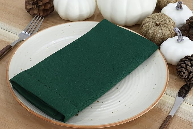 PurpleEssences Set of 6 Hemstitch Cloth Dinner Napkins 100% Cotton - Soft Durable Washable - Ideal for Wedding Christmas Holiday Winter - Perfect Everyday Use Table Linen 18x18 - Forest Green