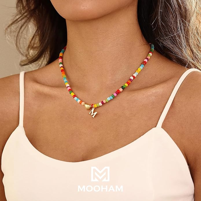 M MOOHAM Valentines Gifts for Kids Teen Girls- Colorful Beaded Initial Necklace for Women 14K Gold Plated Heart Initial Choker Necklaces for Women Girls Jewelry, Letter A-Z Pendant Birthday Gifts