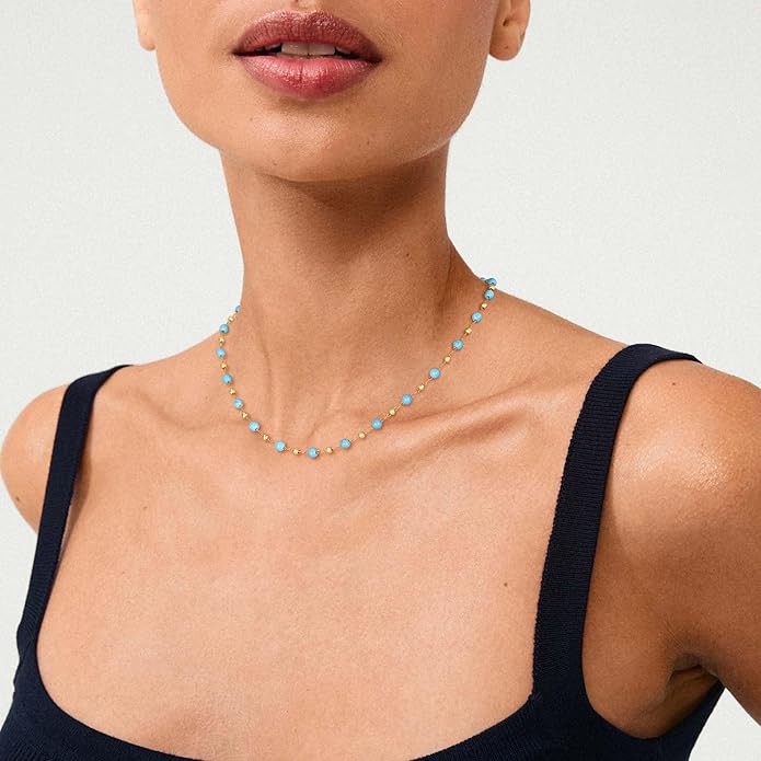 Created Turquoise Necklace for Women 14K Gold Plated Beaded Heart Choker Boho Necklaces Handmade Beach Summer Everyday Western Jewelry Gifts