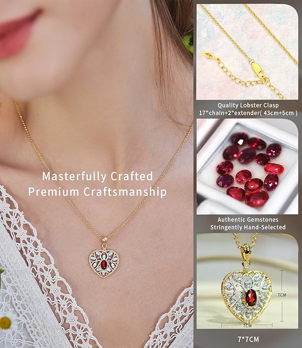 Raneecoco Natural Gemstone Necklace for Women 18K Gold Plated Sterling Silver Two-Tone Tree of Life & Love Heart Pendant Jewelry | Dainty Birthstone Gift For Her Mother Wife
