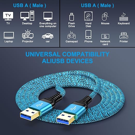 USB to USB Cable 10 FT, 2Pack Extra Long USB3.0 Male to Male Type A to A Double Side USBCord for Data Transfer,Hard Drive Enclosures,Computer PC Cooling Pad/Fan,Laptop Cooler,DVD Player,TV,Hub,Printer