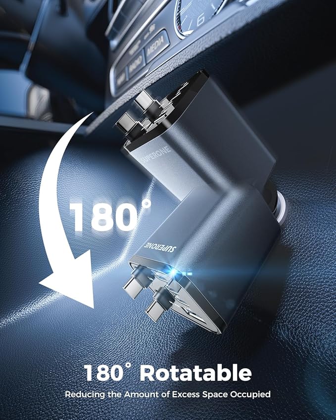 SUPERONE 6 in 1 Retractable Car Charger with Dual Type C Cables, 99W Ultra-Compact USB C Car Accessories Adapter with 4 USB Ports, Fast Charging Car Charger for iPhone 16/15/14/13/12, Galaxy, iPad