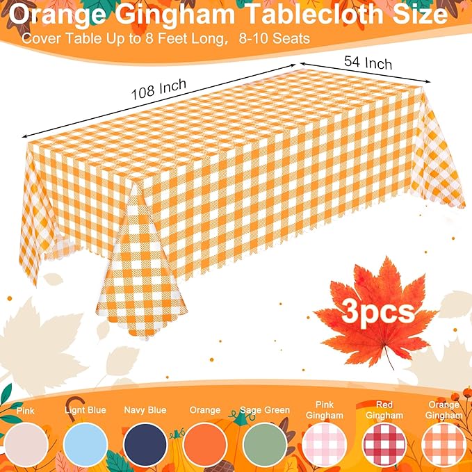 3 Pack Fall Orange Gingham Tablecloth, 54 X 108Inch Plastic Orange Checkered Table Cloth Disposable Scalloped Tablecloths Waterproof Plaid Table Cover for Autumn Harvest Picnic Wedding Birthday Party