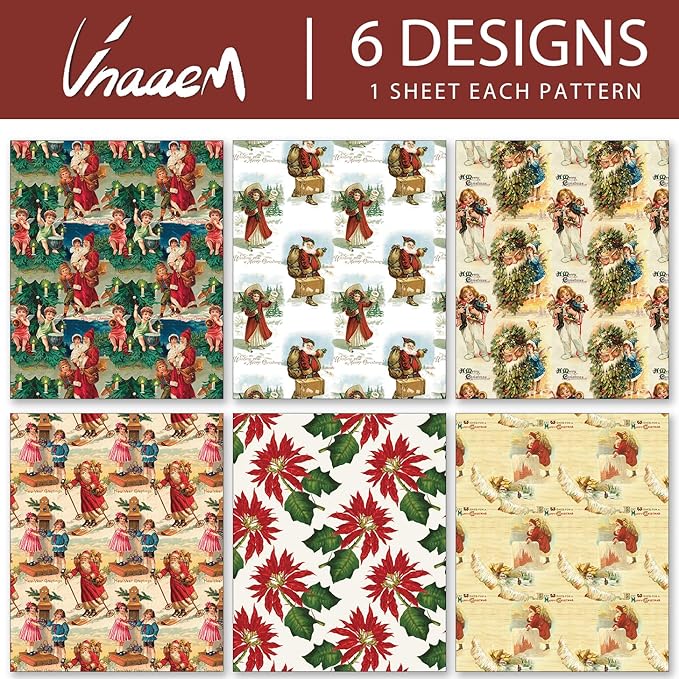 Vnaaem Vintage Christmas Wrapping Paper for Women Girls Boys Men - Retro Xmas Wrapping Paper for Winter Christmas Birthday Holiday - 20 X 28 Inches (6 Folded Sheet)