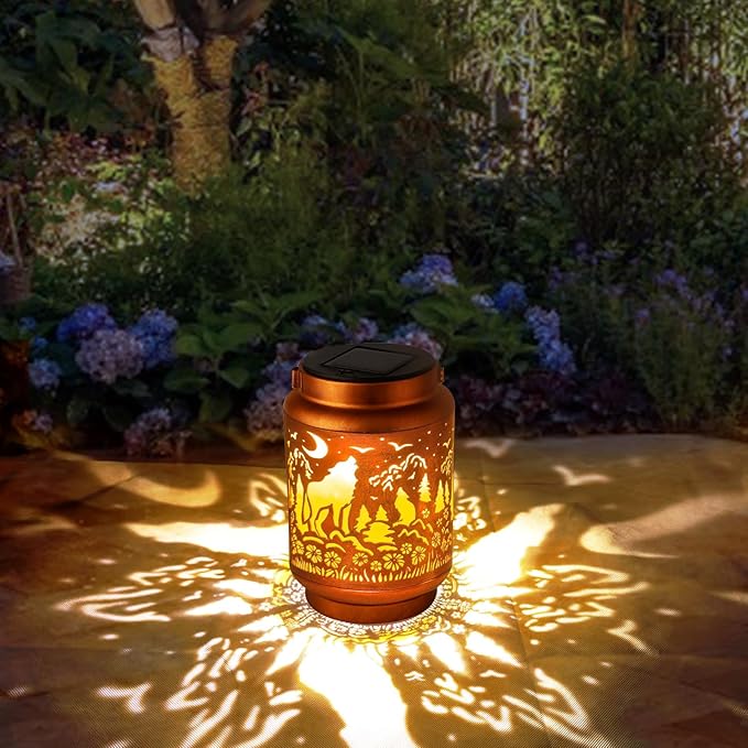Solar Lanterns Outdoor Waterproof Gifts for Women Grandma Gifts for Mom Wolf Projection Garden Decor Solar Hanging Lantern Metal for Patio Yard Festival Pathway Landscape