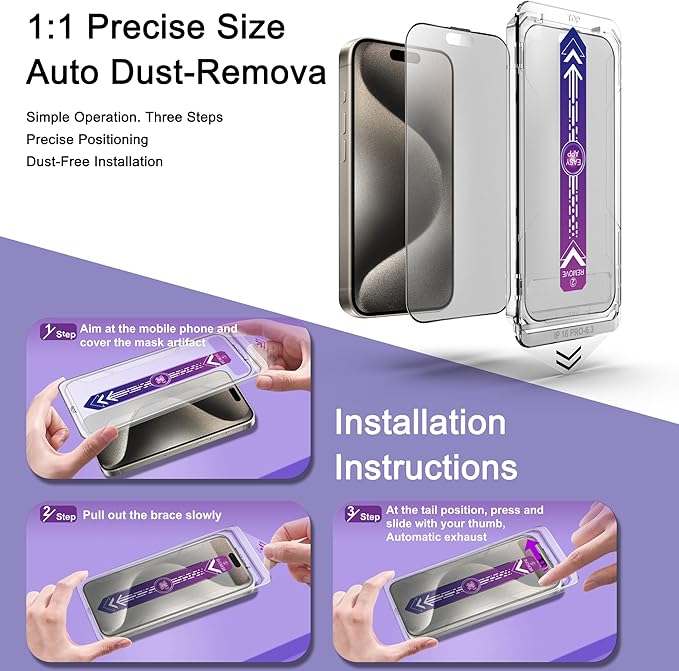 2 Pack Matte Screen Protector for iPhone 16 Pro, 9H Tempered Glass, Full Coverage, Anti-Fingerprint, Auto Dust-Elimination, No Bubble, Easy Installation