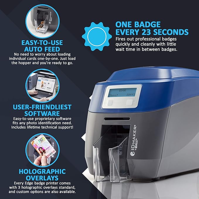 ID Maker Edge 2 Sided Card Printer & Supply Kit for Badge Printing - Print Professional Quality Identification Cards, Easy Software - Magnetic Stripe Encoder, 200-Print Color, 100 PVC Cards
