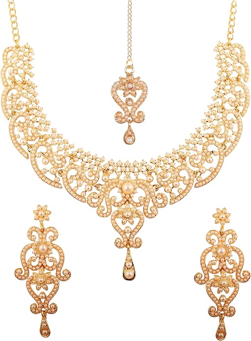 Touchstone Indian jewelry set for women bollywood gold jewellery wedding outfits necklace sets earrings bridal maang tikka fancy costume girls big desi accessories rhinestone in gold or silver tone