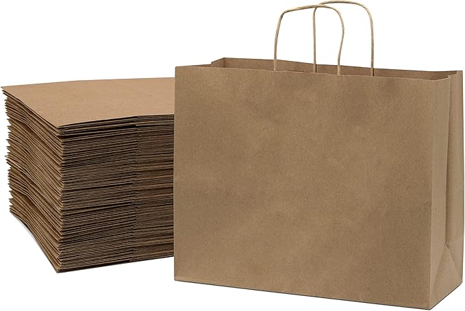 Prime Line Packaging Brown Gift Bags, Kraft Shopping Bags Large with Handles for Small Business, Boutiques, Retail Stores & Grocery Use, Bulk, 16x6x12, 50 Pack