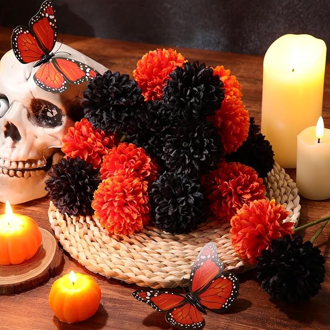 Kimura's Cabin 20Pcs Orange Fake Mums Flowers Artificial Silk Chrysanthemums Faux Ball Flower for Wedding Arrangement Fall Bouquets Home Table Decoration Halloween Thanksgiving Decor(Orange)