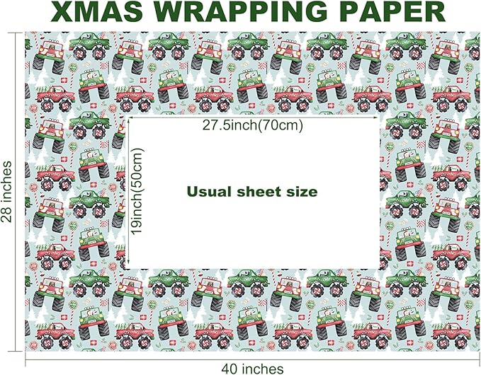 PlandRichW Monster Truck Christmas Wrapping Paper - Colorful Monster Trucks with Xmas Trees & Holiday Patterns - 40×28 Inch Xmas Gift Wrap, 4 Folded Sheets for Kids & Adults