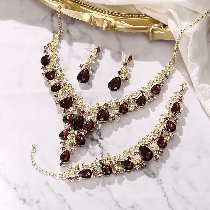 BriLove Women's Wedding Bridal Austrian Crystal Teardrop Flower Cluster Statement Necklace Dangle Earrings Jewelry Set for Party Prom