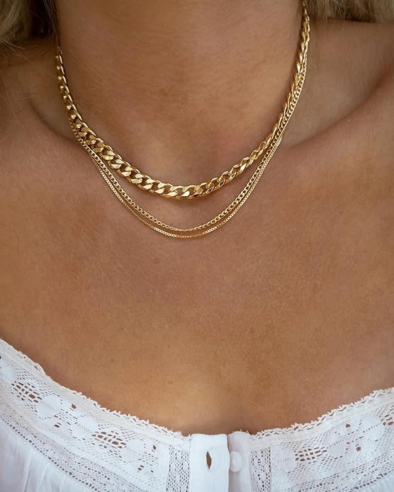 Gold Layered Necklaces for Women, 14K Gold Plated Dainty Gold Chain Choker Necklace Stack, Herringbone Gold Necklaces Set