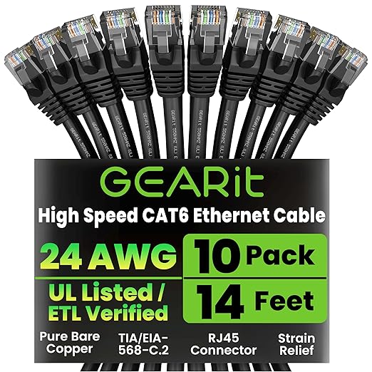 GearIT Cat 6 Ethernet Cable Pack - 10-Pack 14 ft Cat6 Ethernet Patch Cables | RJ45 Network Patch Cable, 10 Gbps Snagless Gold-Plated Connectors - Ethernet Cable Cat 6 for PC, TV, Router - Black