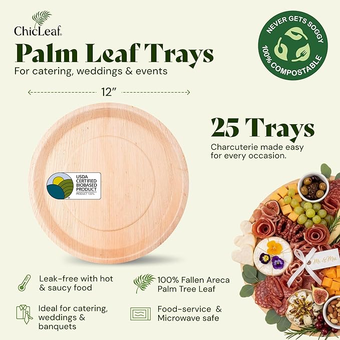 Chic Leaf 100% Compostable Disposable Palm Leaf Tray - Paper Plates Alternative - Disposable Charcuterie Boards Accessories - Round Bamboo Plates Thanksgiving Dinner (12'', 25 Count)