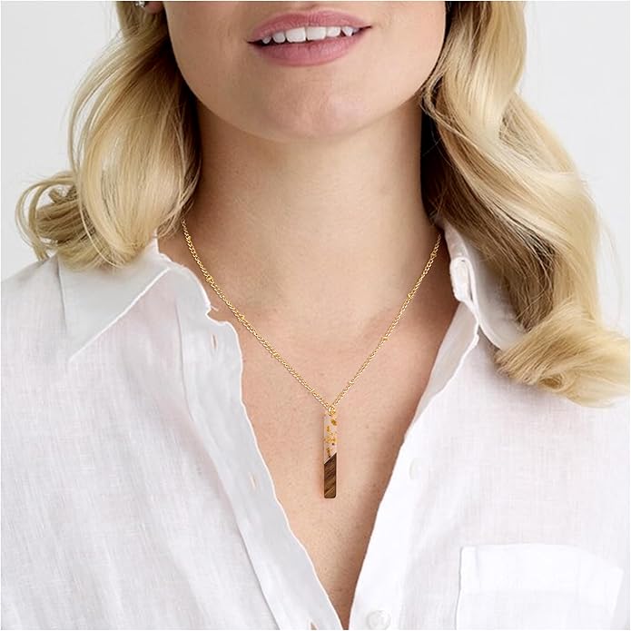 Bar Necklace Earrings for Women 16K Gold Plated Trendy Geometric Jewelry Set Boho Lightweight Wooden Resin Bar Pendant Necklace Dangle Earring Set,Gift for Her,Mom,Wife