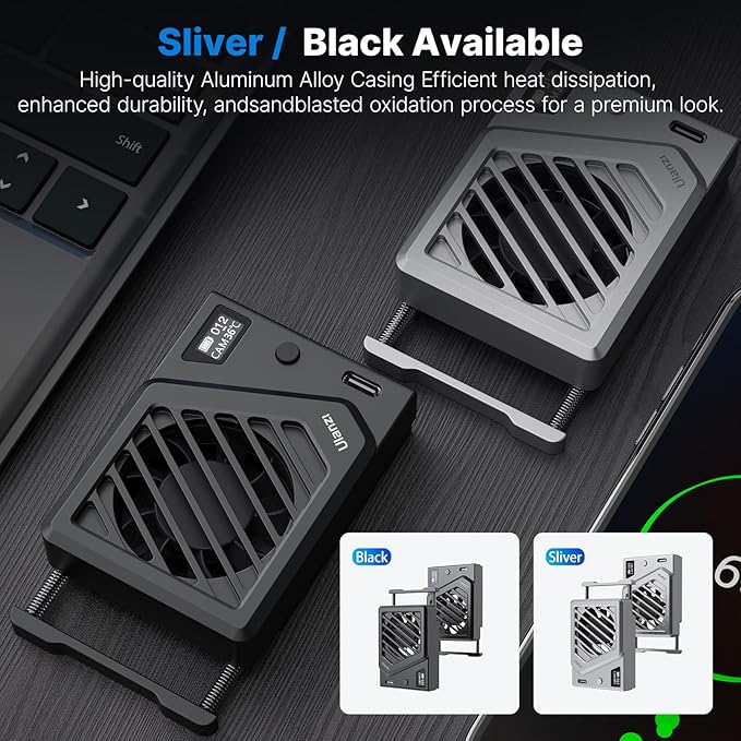 ULANZI Camera Cooling Fan Silver New, Spring Telescopic Mounting Adjustable Mini Intelligent Cooling Fan Real-time Monitoring with Type-C Charging Port, Compatible with Sony Canon FUJIFILM Nikon