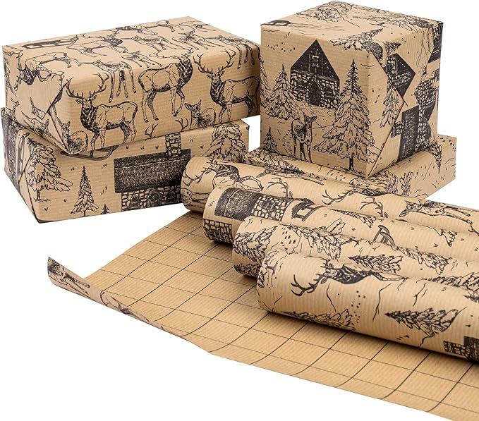 RUSPEPA Kraft Wrapping Paper Rolls - 17 inches x 10 feet per Roll, Total of 4 Rolls, Black Sketch Design