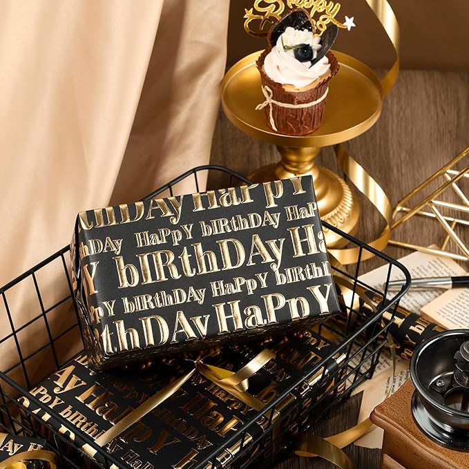 WRAPAHOLIC Jumbo 3D Kraft Birthday Wrapping Paper Roll - 30 Inch x 16.5 Feet - Gold and Black Happy Birthday Wrapping Paper with Embossed Perfect for Holiday, Party Celebration
