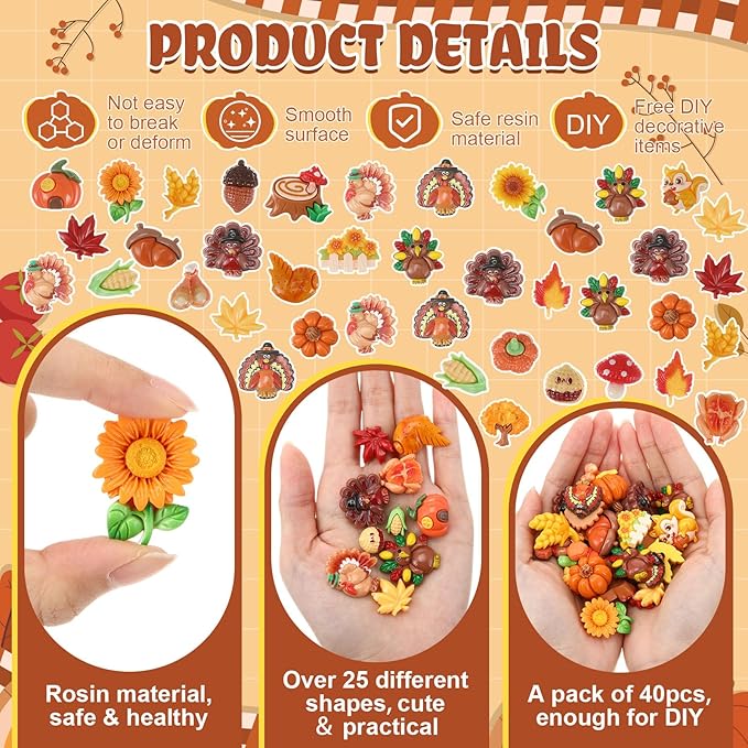 Giegxin 40 Pcs Thanksgiving Resin Charm Fall Autumn Pumpkin Turkey Squirrel Maple Leaf Acorn Wheat Flatback Cabochon Accessories Cute Embellishment Bulk for Jewelry Cellphone Case Scrapbooking DIY