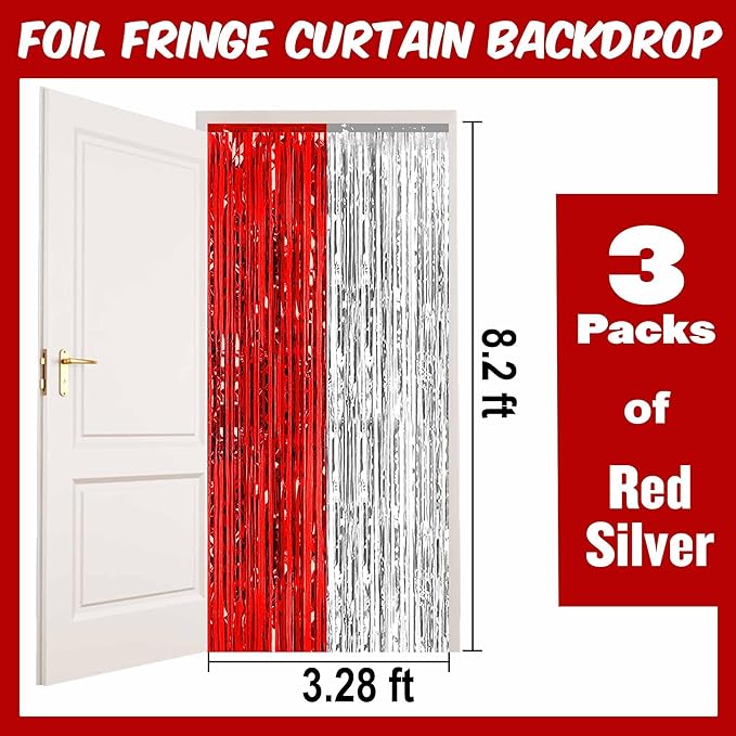 3 Pack Red and Silver Foil Fringe Curtains Backdrop, 3.28 x 8.2 Ft Metallic Streamers Tinsel Curtains Background for Photo Booth, Birthday, Halloween, Christmas, New Year Party Decorations