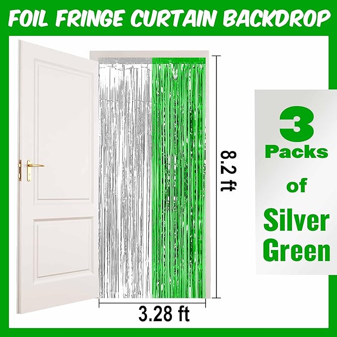 3 Pack Silver Green Foil Fringe Curtains Backdrop, 3.28 x 8.2 Ft Metallic Streamers Tinsel Curtains Background for Photo Booth, Birthday, Halloween, Christmas, Thanksgiving, New Year Party Decorations