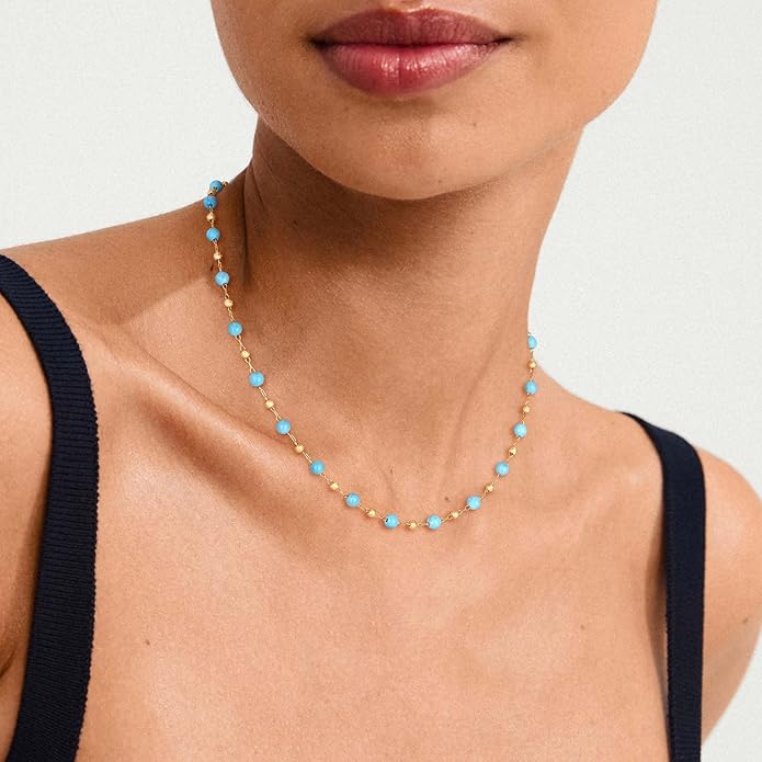 Created Turquoise Necklace for Women 14K Gold Plated Beaded Heart Choker Boho Necklaces Handmade Beach Summer Everyday Western Jewelry Gifts