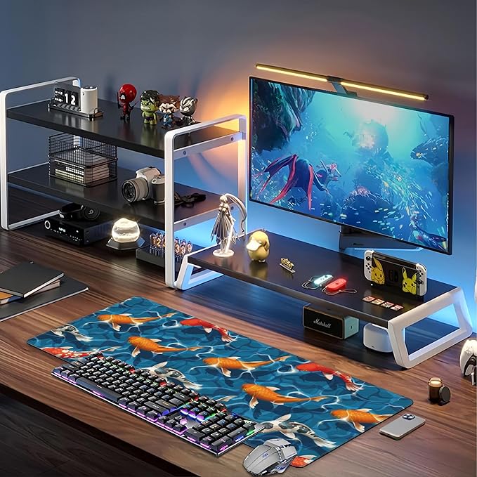 Koi Carps Desk Mat,Large Swimming Koi Fish Gaming Keyboard Mouse Pad,Non-Slip Rubber Base Desk Pad Thick Stitched Edges Waterproof Mousepad Mouse Mat 31.5"x11.8"