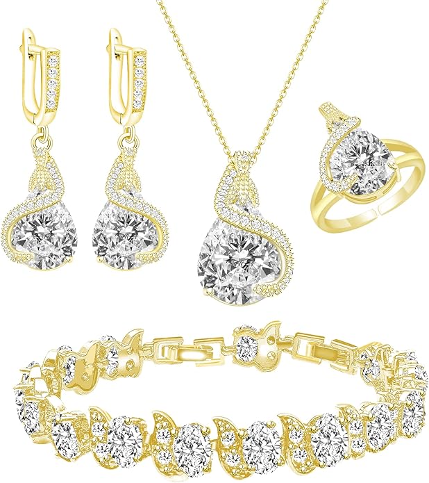 GZWHD Jewelry Set for Women Water Drop Cubic Zirconia Artificial Crystal Earrings Pendant Necklace Open Ring Tennis Bracelet Wedding Anniversary Birthday Engagement Gift for Bridesmaid Wife Girlfriend Friend