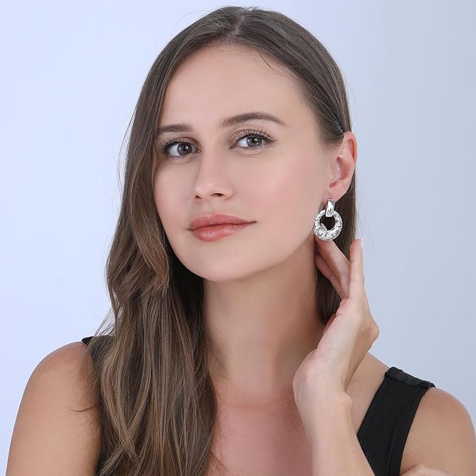 Rose Gold Hoop Earrings for Women, 925 Silver-Plated Thickened Hypoallergenic Earrings, CZ Black Gemstone-Inlaid Earrings - Women's Fashion Jewelry