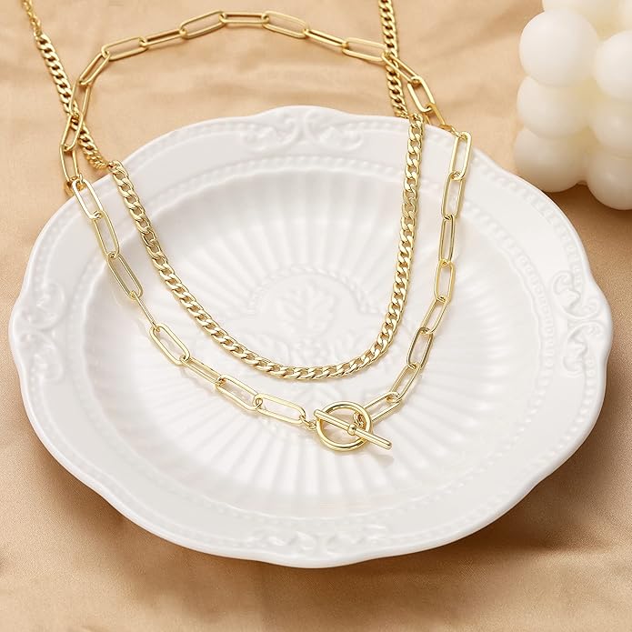 CHESKY Layered Necklaces for Women, 14K Gold Plated Chain Necklace Women Trendy Cuban Link Paperclip Chain Toggle Clasp Necklace Fashion Chunky Jewelry for Women