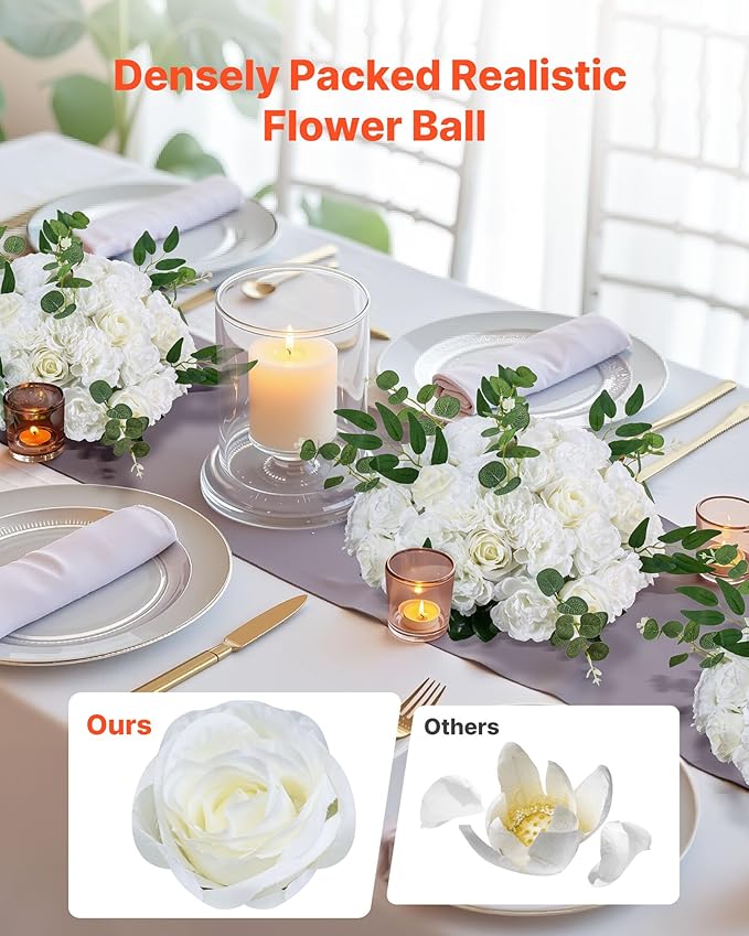 VEVOR Flower Balls Arrangement Bouquet 10 PCS, 17.7-Inch Diameter Artificial Flower Balls Wedding White Roses Centerpieces, Faux Flowers Arrangements for Wedding Centerpiece Home Table Decorations