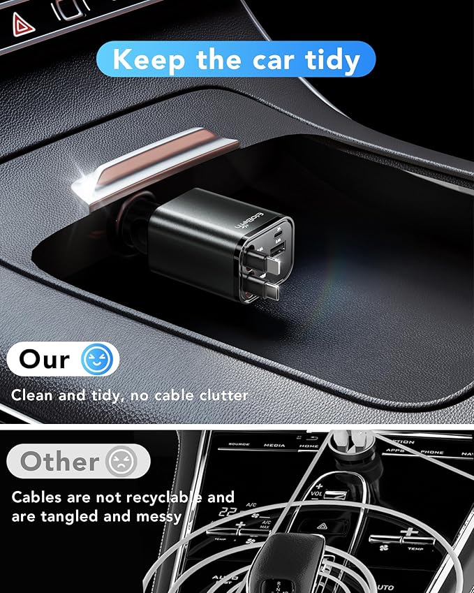 Upgraded Retractable Car Charger Adapter,4 in 1 Fast Charging Car Phone Charger,69W USB C Car Truck Accessories,Road Trip Essentials Gift for Men Women for iPhone 16/15/14/13/12/11,Galaxy,Pixel