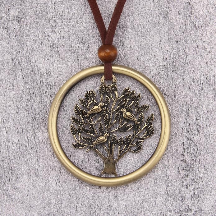 Boho Leather Necklace Women Bohemian Brown Circle Pendant Necklace Choker Long Necklaces for Women Boho Ring Large Pendant