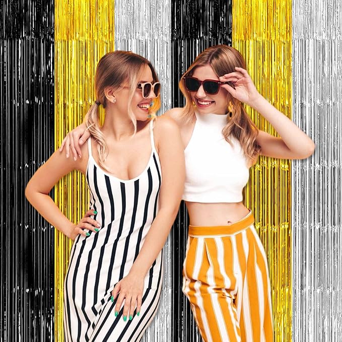 3 Pack Black Gold Silver Foil Fringe Curtains Backdrop, 3.28 x 8.2 Ft Metallic Streamers Tinsel Curtains Background for Photo Booth, Birthday, Halloween, Christmas, New Year Party Decorations