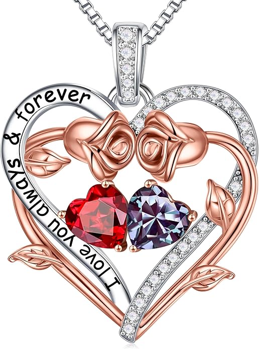 Iefil Valentines Gifts for Her Wife Women - Rose Heart Double Birthstone Necklace Gift for Wife Girlfriend Her Women, Birthstone Jewelry Gemstone Birthday Gifts for Mom Grandma Her